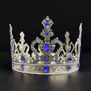 Silver king crown, blue stone crown, wedding crown, renaissance medieval crown